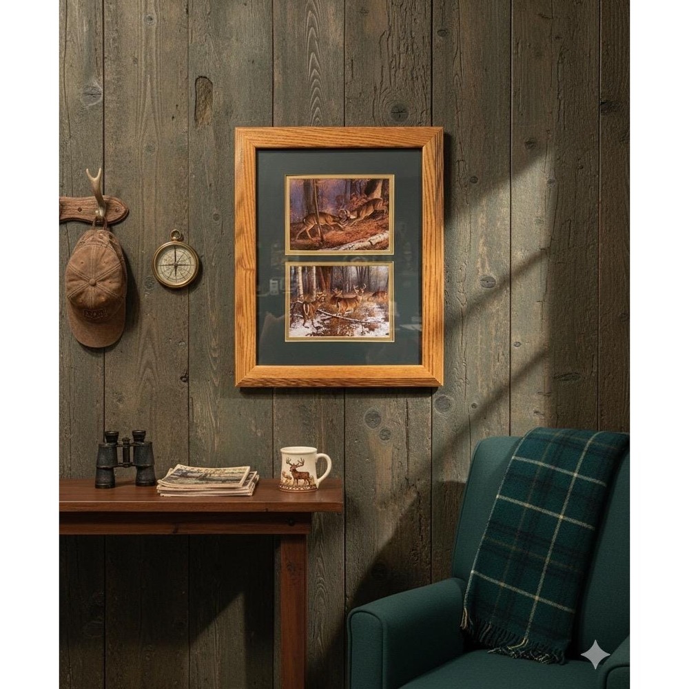 Vintage Framed Whitetail Deer Wildlife Art Prints Oak Wood Frame 1999 Hunting